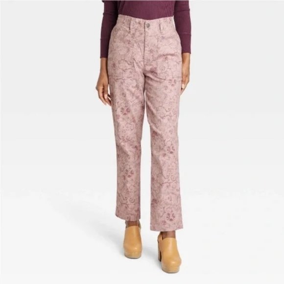 Knox Rose Pants - Knox Rose Twill Pink Floral Straight Leg Pants Size L